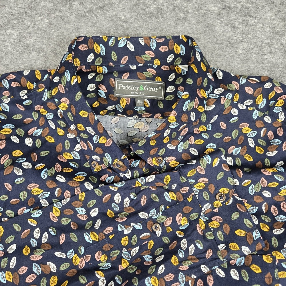 Paisley & Gray Shirt Mens 2XL‎ 19 Slim Fit Long Sleeve Button Down Navy & Leaves